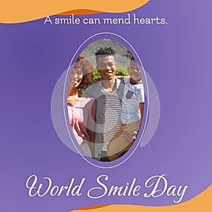 A smile can mend hearts world smile day text and biracial couple and son smiling