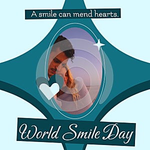 A smile can mend hearts world smile day text and caucasian couple smiling