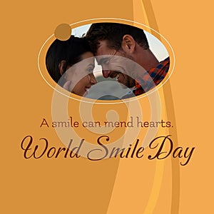 A smile can mend hearts world smile day text and caucasian couple smiling