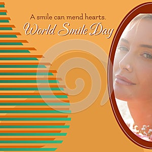 A smile can mend hearts world smile day text and caucasian woman smiling over brown background