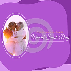 A smile can mend hearts world smile day text and senior diverse couple smiling