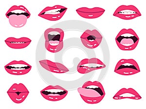 Smile cartoon lips. Beautiful pink lips, kissing, show tongue, smiling with teeth expressive mouth, girls lips isolated
