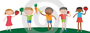 Smile children diversity holding fruit and vegetable for eating