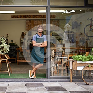 Smile, coffee shop and thinking with man as small business owner at front door. Happy entrepreneur person as barista