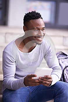 Smile, college and tablet with black man on stairs for learning, education or research. Network, social media and
