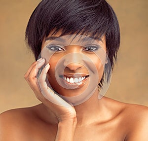 Smile, confidence and portrait of black woman for beauty, skincare or cosmetics isolated on brown background. Happy