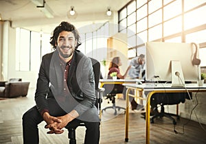 Smile, confidence and portrait of man in modern office, creative tech business project and entrepreneur at design agency