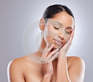 Smile, cosmetics and woman with skincare in studio for natural beauty, self care and spa treatment. Female person, relax