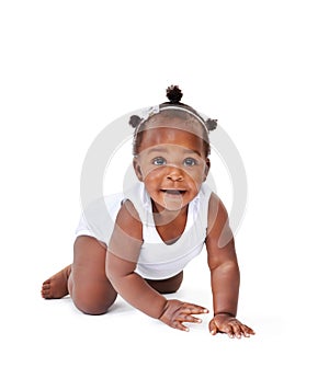Smile, crawling and African girl baby isolated on white background with playful happiness and growth. Learning to crawl