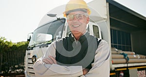 Smile, crossed arms and face of man truck driver for logistics with positive, good and confident attitude. Pride, happy