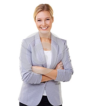 Smile, crossed arms and portrait of woman in studio with positive, good and confident attitude. Happy, pride and young