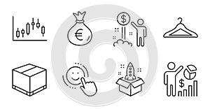 Smile, Delivery box and Income money icons set. Money bag, Startup and Cloakroom signs. Vector