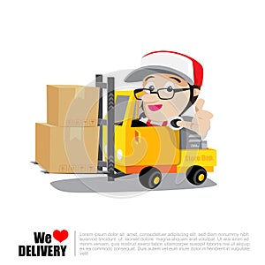 Smile delivery man thumb up on forklift truck , and package deli