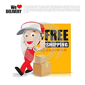 Smile delivery man thumb up with text sign free shipping cartoon