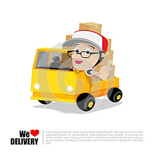 Smile delivery man thumb up on truck , and package delivery cart