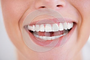 Smile, dental and closeup of woman teeth with health, wellness and morning oral hygiene routine. Self care, happy and