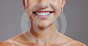 Smile, dental and closeup of woman teeth in studio with health , wellness and hygiene routine. Happy, oral care and zoom