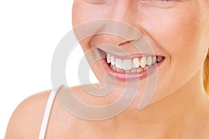 Smile, dental and woman in studio for oral care, hygiene and fresh breath treatment closeup on white background. Teeth