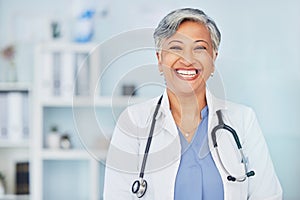 Smile, doctor and space with portrait of woman in hospital for consulting, medical and pharmacy. Healthcare, medicine