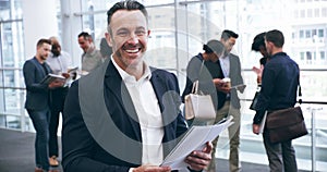 Smile, documents and a mature business man in an office for a workshop, seminar or convention. Portrait, paper or