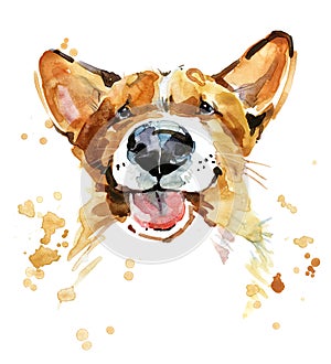 Smile dog watercolor illustration. Corgi puppy