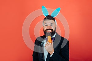 Smile easter. Happy easter and funny easter day. Bunny rabbit man with bunny ears Celebrating Easter.