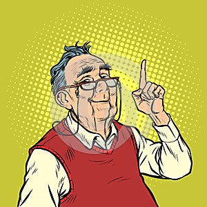 Smile elderly man with glasses attention gesture index finger up