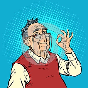 Smile elderly man with glasses okay gesture