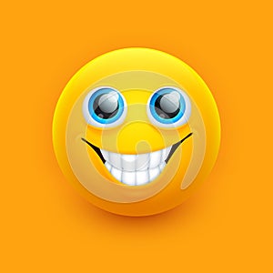 Smile emoji face. Cute eyes, emoticon symbol sticker. Happy white teeth smile, laughter comic character. 3d cute ball