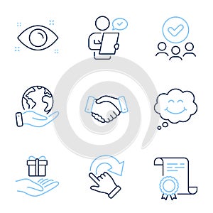 Smile, Employees handshake and Loyalty program icons set. Vector