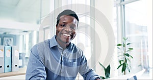 Smile, face and black man in office at laptop, confidence and internet search for article research. Happy businessman at