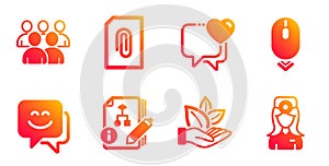 Smile face, Scroll down and Heart icons set. Attachment, Group and Organic product signs. Vector