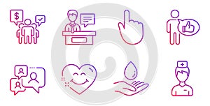 Smile face, Teamwork and Exhibitors icons set. Like, Support chat and Hand click signs. Vector