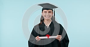 Smile, face and a woman with a graduation diploma for education, learning or success in school. Happy, college and