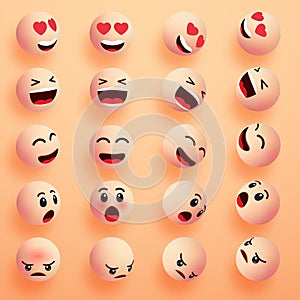 Smile faces happy emoticons. 3d emoji set. Smiley face icons with different expressions. Cartoon characters smile and sad faces