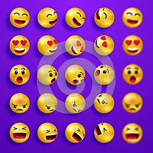 Smile faces happy emoticons. Yellow 3d emoji set. Smiley face icons with different expressions. Cartoon characters smile