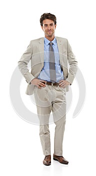 Smile, fashion and portrait of businessman in studio with elegant, fancy and stylish suit. Happy, confidence and full