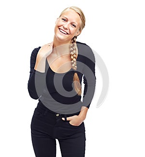 Smile, fashion and portrait of woman with beauty for style, trendy and confidence with plait. Female person, face and