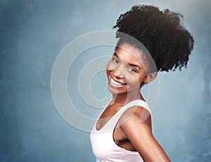 Smile, fitness and portrait of black woman in studio for health, wellness and body exercise. Happy, sports and African