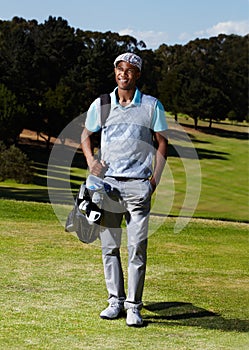 Smile, fitness and portrait of man golfer with positive, good and confident attitude on field. Happy, sports and African