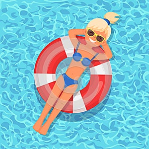 Smile girl swims, tanning on air mattress, life buoy in swimming pool. Woman floating on beach toy, rubber ring. Inflatable circle