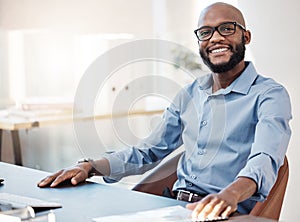 Smile, glasses and portrait of black man in office for corporate legal case with startup. Technology, happy and