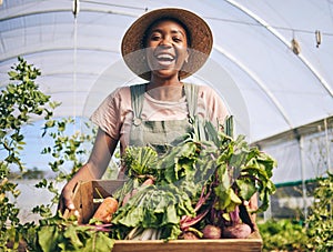 Smile, greenhouse and portrait of black woman on farm with sustainable business, nature and plants. Agriculture