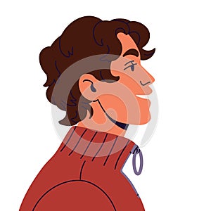 Smile guy in sweater portrait side view. Young man with positive emotions, happy facial expression. Boy avatar, user