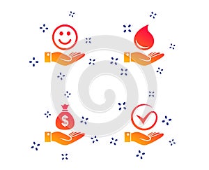 Smile and hand icon. Water drop, Tick symbol. Vector