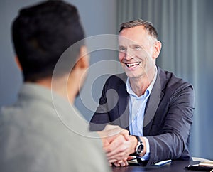 Smile, handshake and business people in office for deal, agreement or b2b partnership discussion. Happy, team and