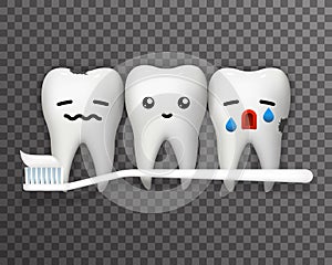 Smile happy cry pain suffer emotion cute tooth toothbrush and toothpaste template realistic 3d transparent background