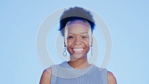 Smile, happy and portrait of black woman in a studio with positive, confident and good attitude. Excited, pride and