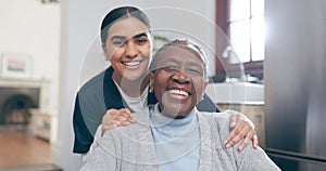 Smile, healthcare and portrait of nurse with patient in a wheelchair for discussion at nursing home. Medical career