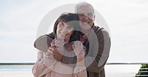 Smile, hug and face of elderly couple outdoor at home for love, care and bonding together. Portrait, happy senior man